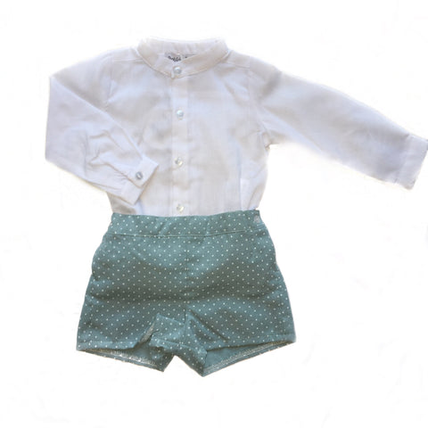 Boys white and mint spotty short outfit.