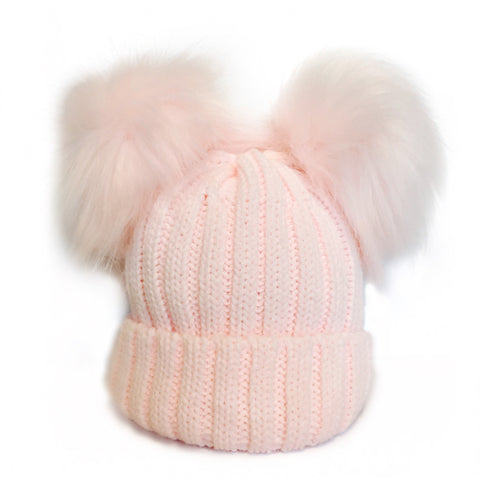 Pink Double Pom Faux Fur Hat